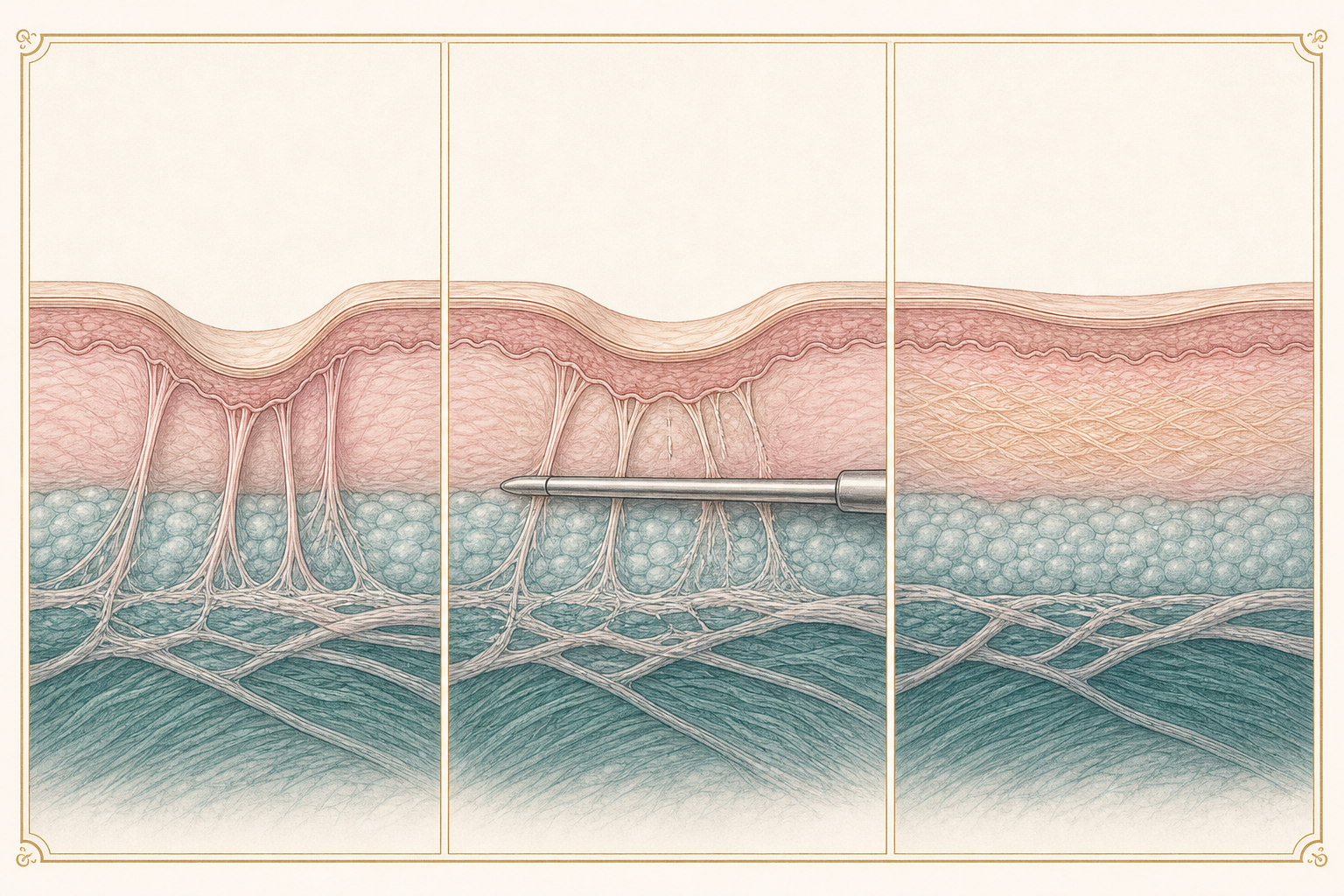 Three-panel cross-section showing a rolling scar tethered downward, controlled release beneath it and early remodelling